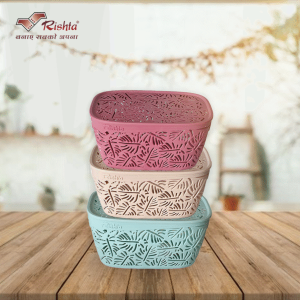 Rishta® Monstera Plastic Storage Basket with Lid (Set of 3)